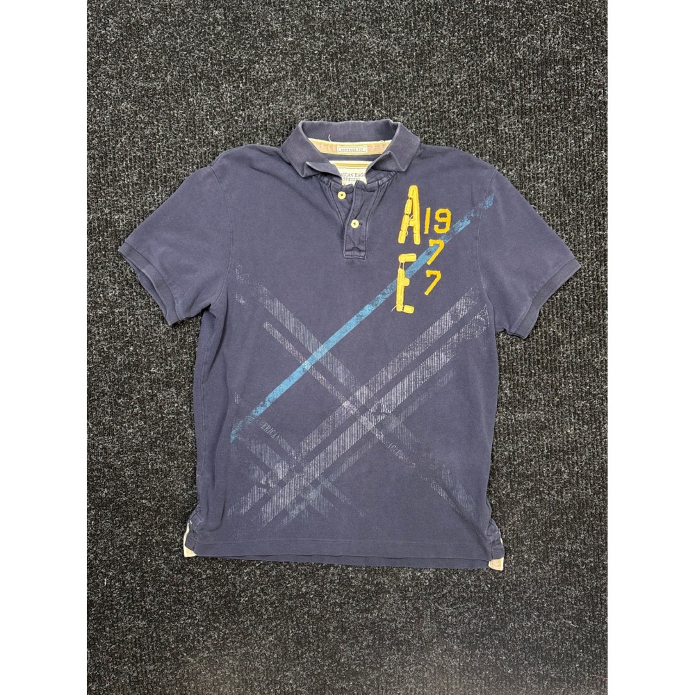 American Eagle Mens Large Navy Blue Graphic AE 1977 Vintage Fit Cotton Polo